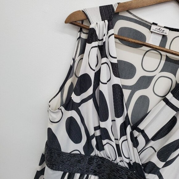 Womens Black & White Sleeveless‎ V-Neck Blouse Top Size L Beaded Waist Stretch - Picture 7 of 13